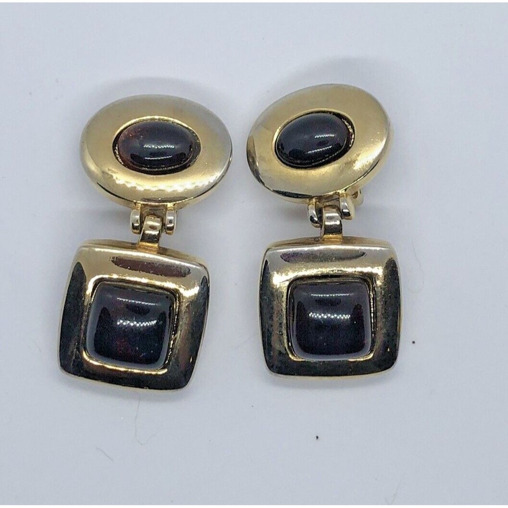 FLP by Nicole Murphy Gold Tone Onyx Lucite 2 Piece Clip On Earrings Vint…